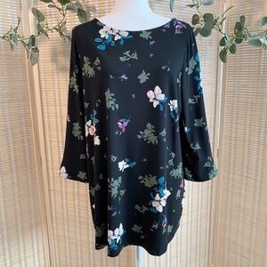 J. Jill Black Floral Tunic Top Blouse Size Large Blue White Pink Green Print